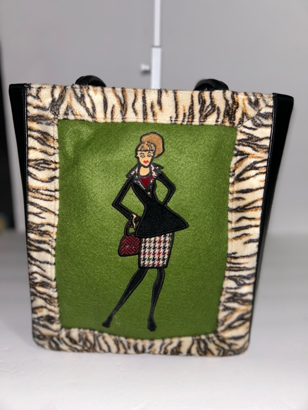 Stylish Vintage Green Panel Tote with Zebra Trim